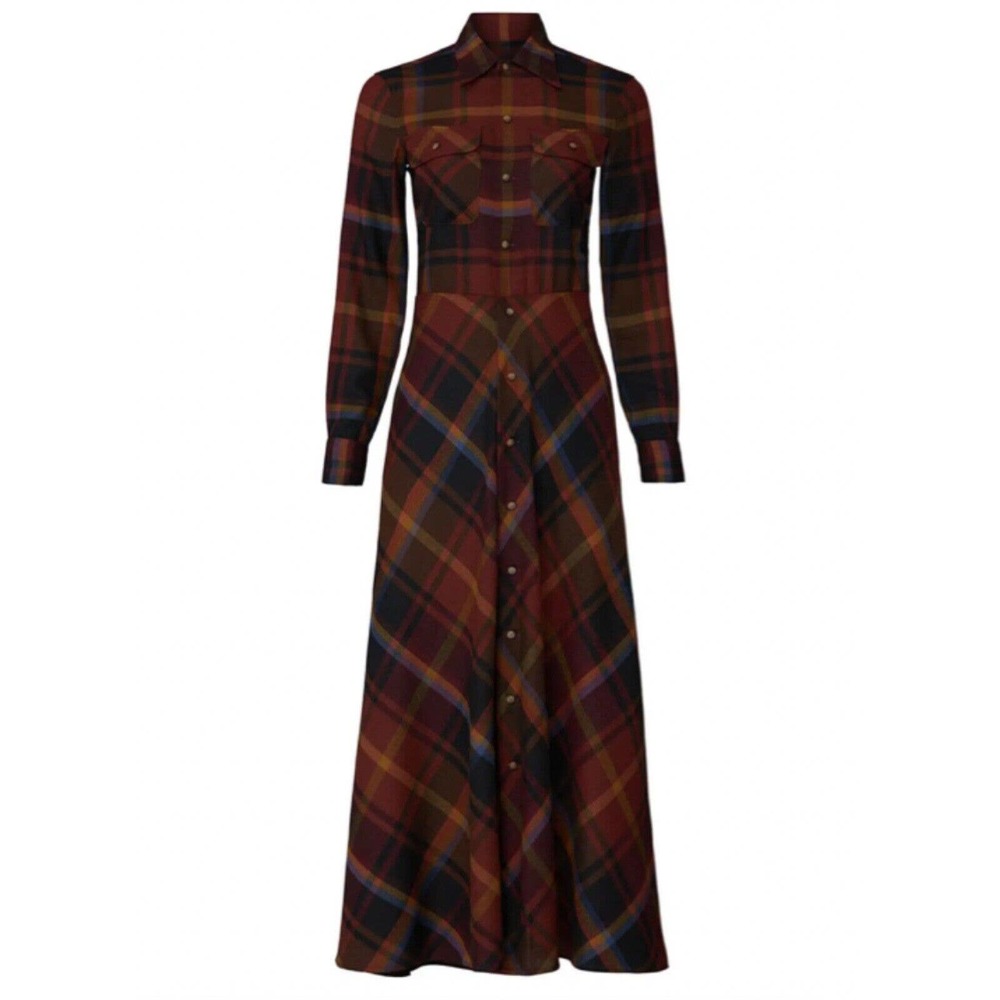 Ralph Lauren Burgundy, Navy & Mustard Plaid Maxi Shirt Dress - Picture 7 of 7